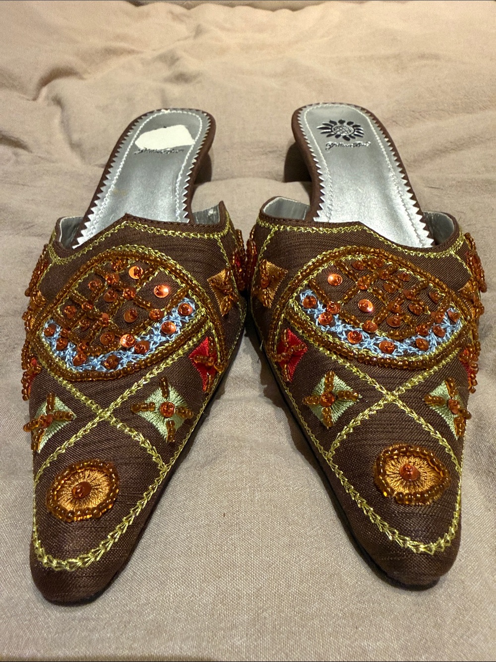 Yellow Box Brown Embroidered Beaded Mules